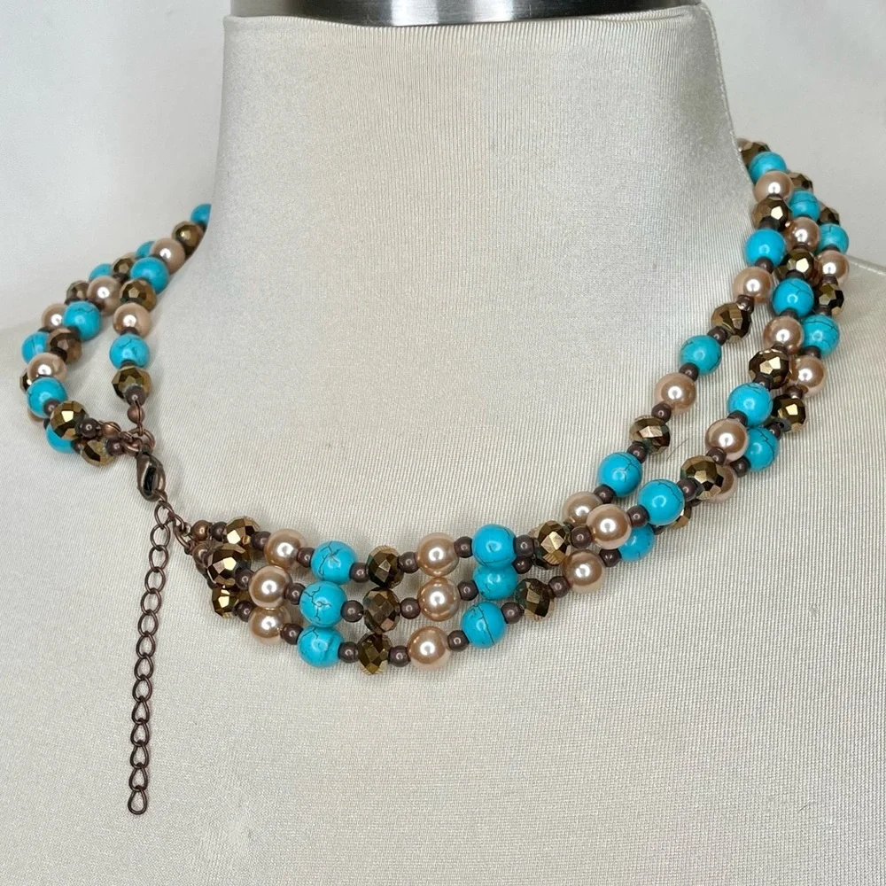 Turquoise Beaded Bronze Triple Stand Necklace - Picture 5 of 8